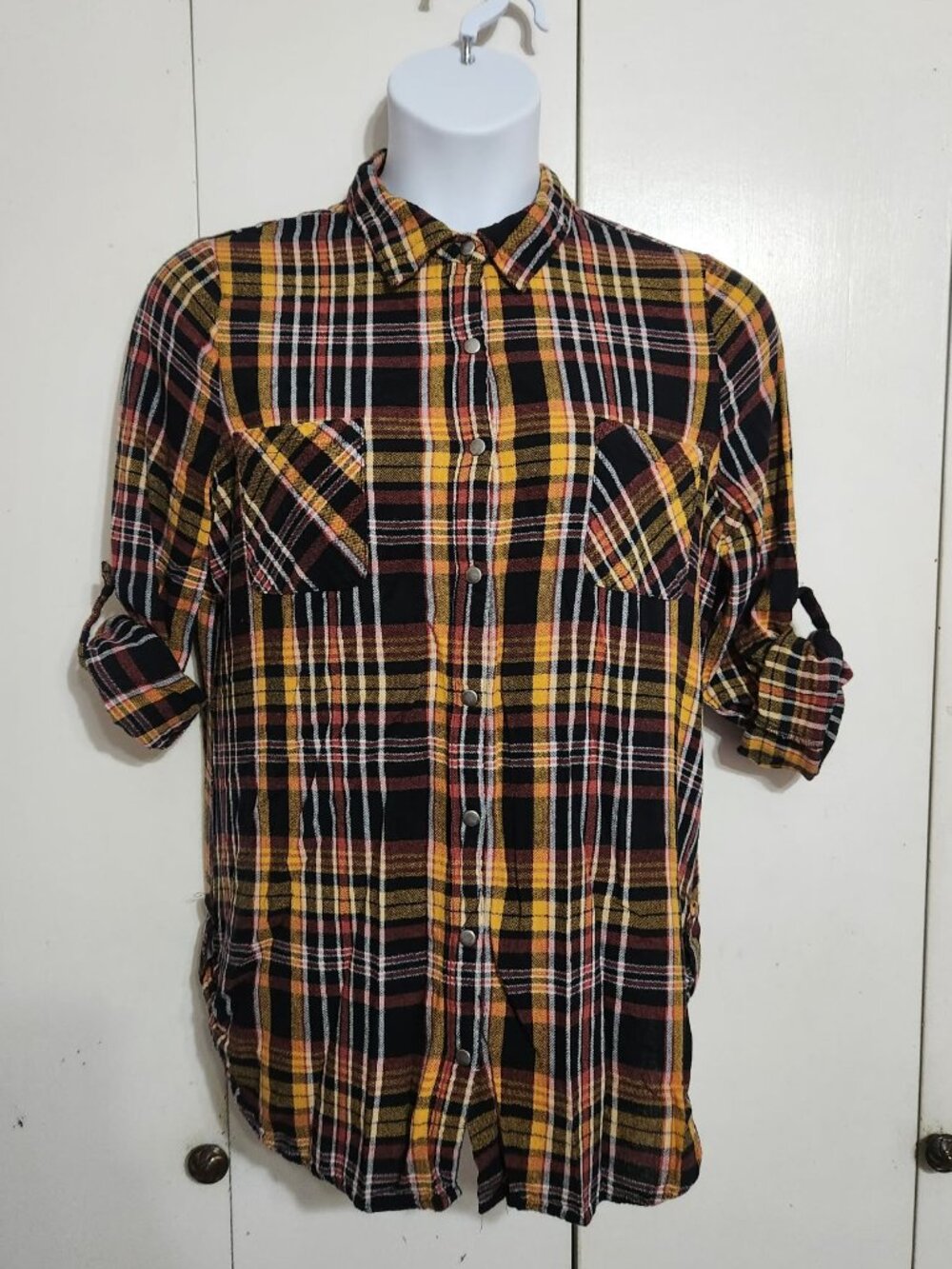 No Boundaries Flannel Shirt Juniors XXL Black Yellow Plaid Snap Roll Tab Grunge